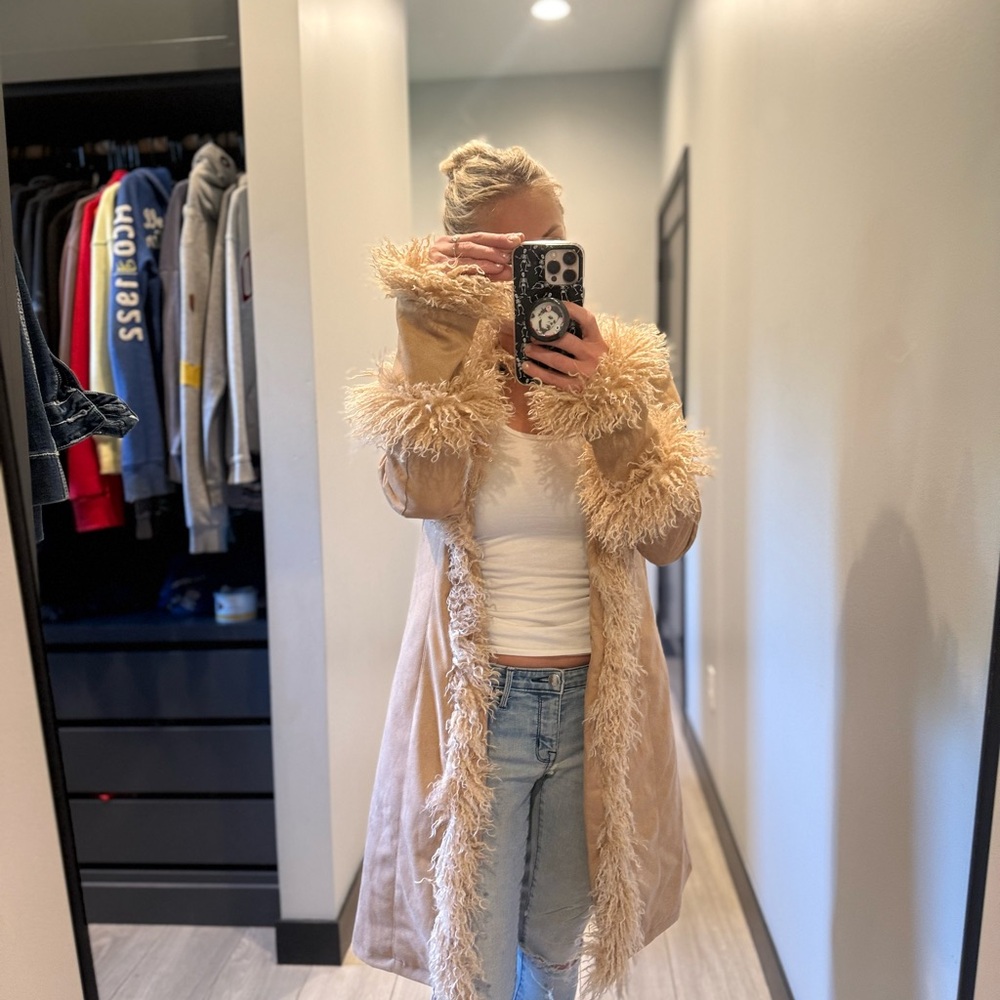 Tan Faux Fur Trim Penny Lane Vintage 60s 70s Inspired Coat Halloween - Picture 4 of 8